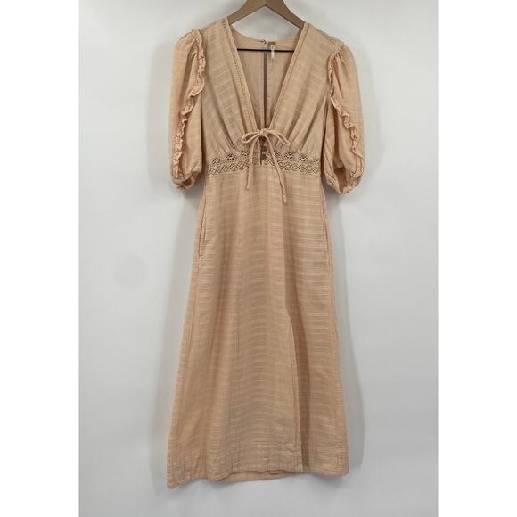 Free People Slow Pace Romantic Dress Tie V Neck Puff Sleeve Midi Peach Womens XS - Picture 3 of 13